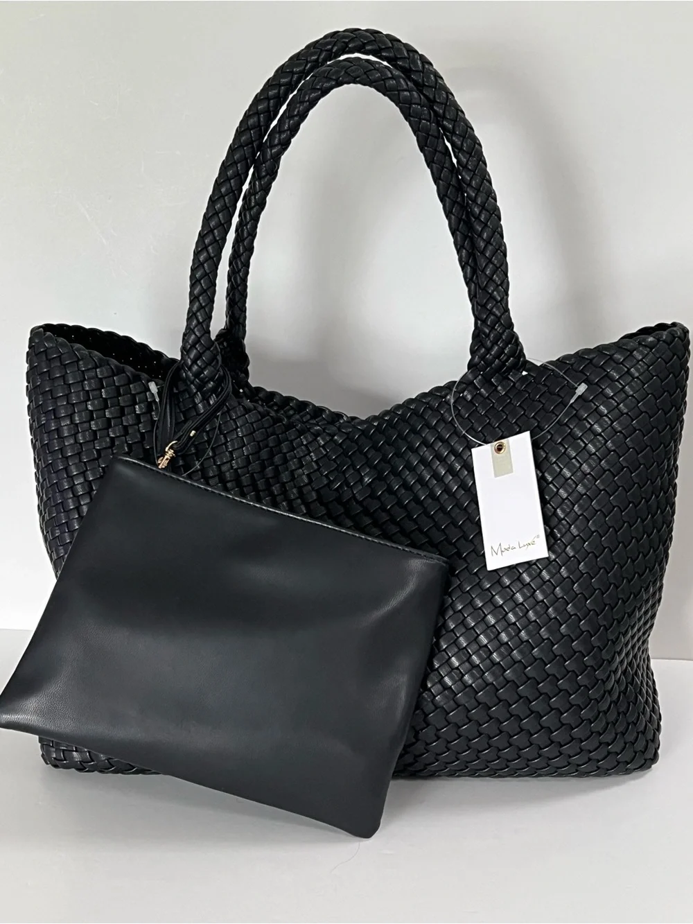 Moda Luxe Black Woven Large Tote Bag + Pouch NWT